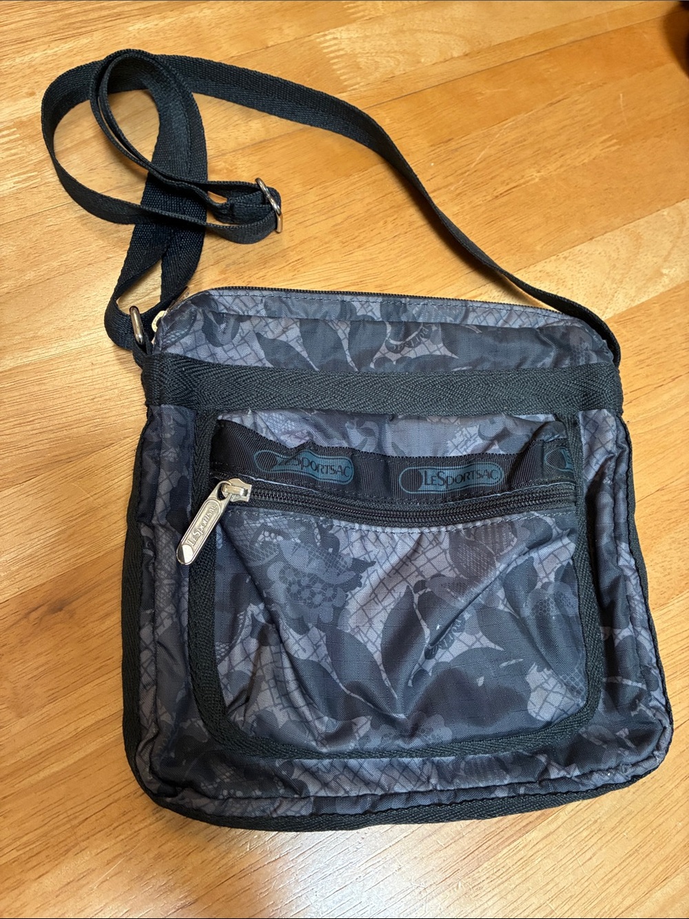 Lesportsac Black and Gray Floral Messenger Bag